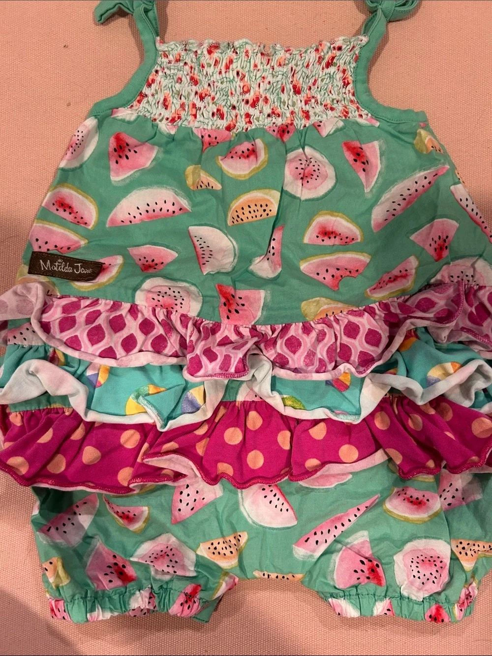 Matilda Jane Size 6-12M Mint Green Watermelon Tiered Romper